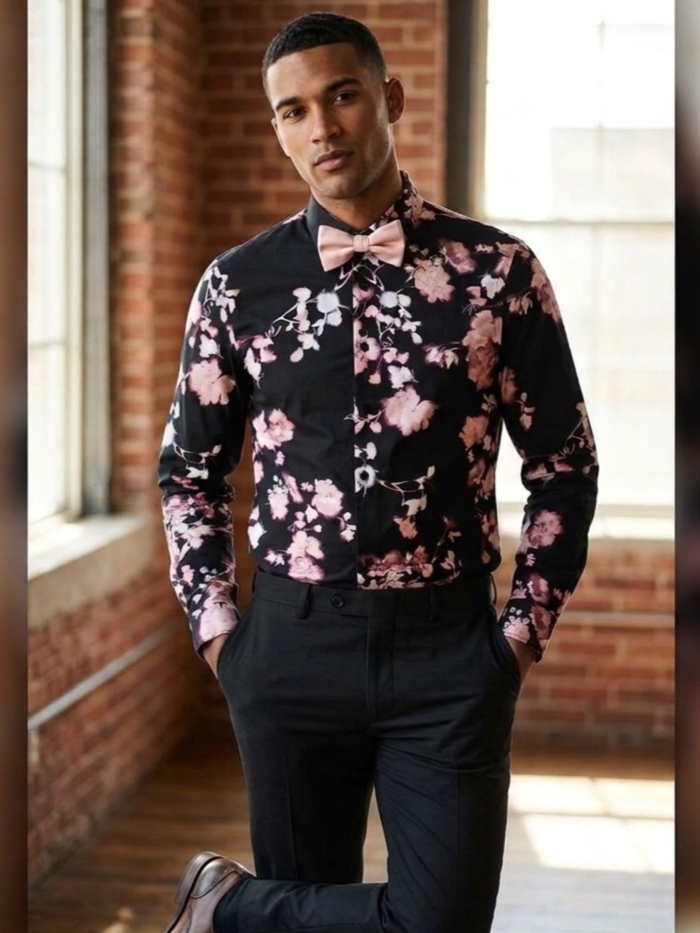 Express Floral Black Dress Shirt with Pink Bowtie